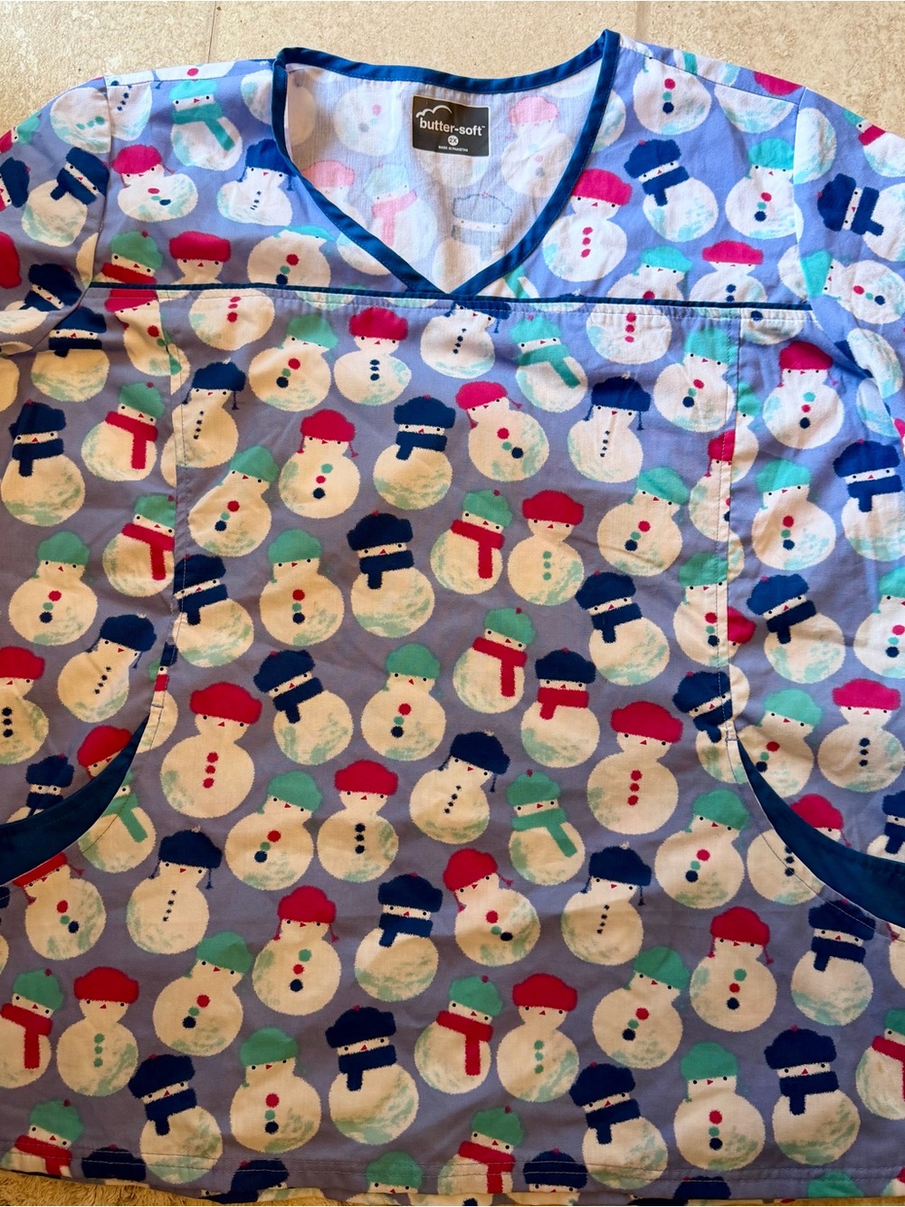 Butter-Soft women’s 2X Snowman nursing scrub Top - Light Blue